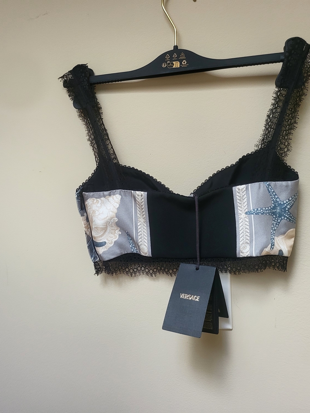 Silk Versace Women's Printed Lace-Trim Longline Bralette - Gray & Cream - Picture 8 of 10